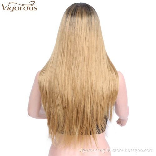 Vigorous hot selling cheap ombre blonde none lace front natural for women premium fiber synthetic hair blend wigs